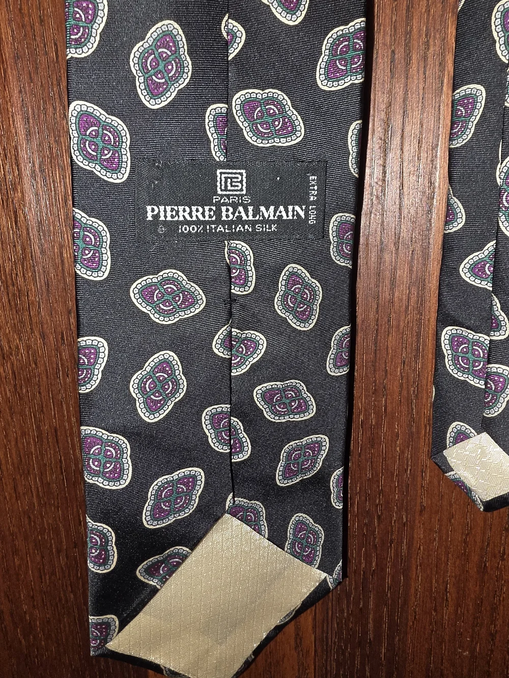 Pierre Balmain Black Silk Tie with Purple & Gray Medallions